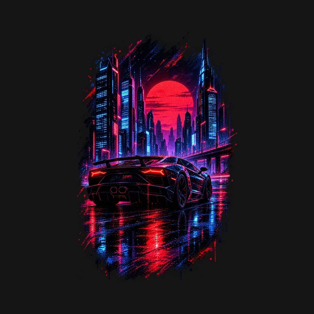 Koszulka męska czarna z autem sportowym nocne miasto cyberpunk prezent, zdjęcie 2