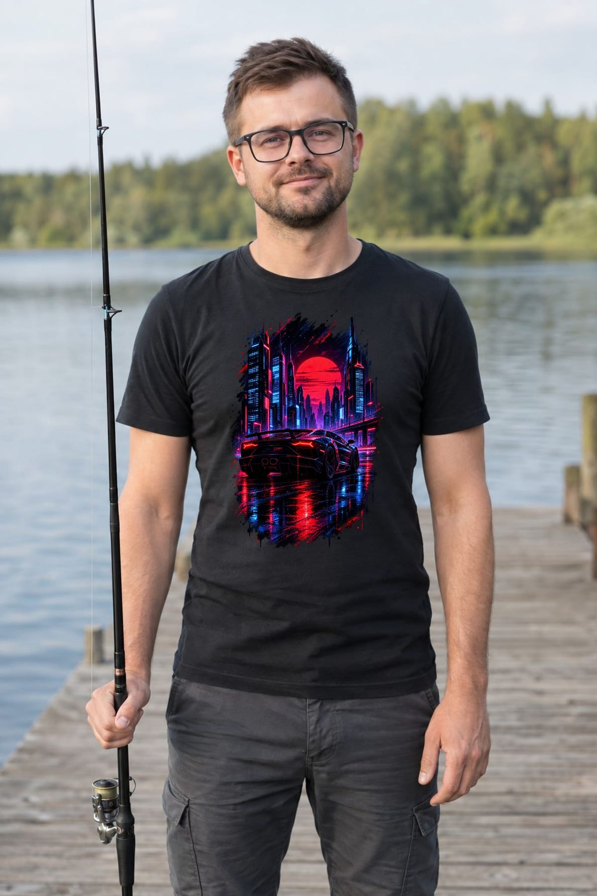 Koszulka męska czarna z autem sportowym nocne miasto cyberpunk prezent, zdjęcie 4