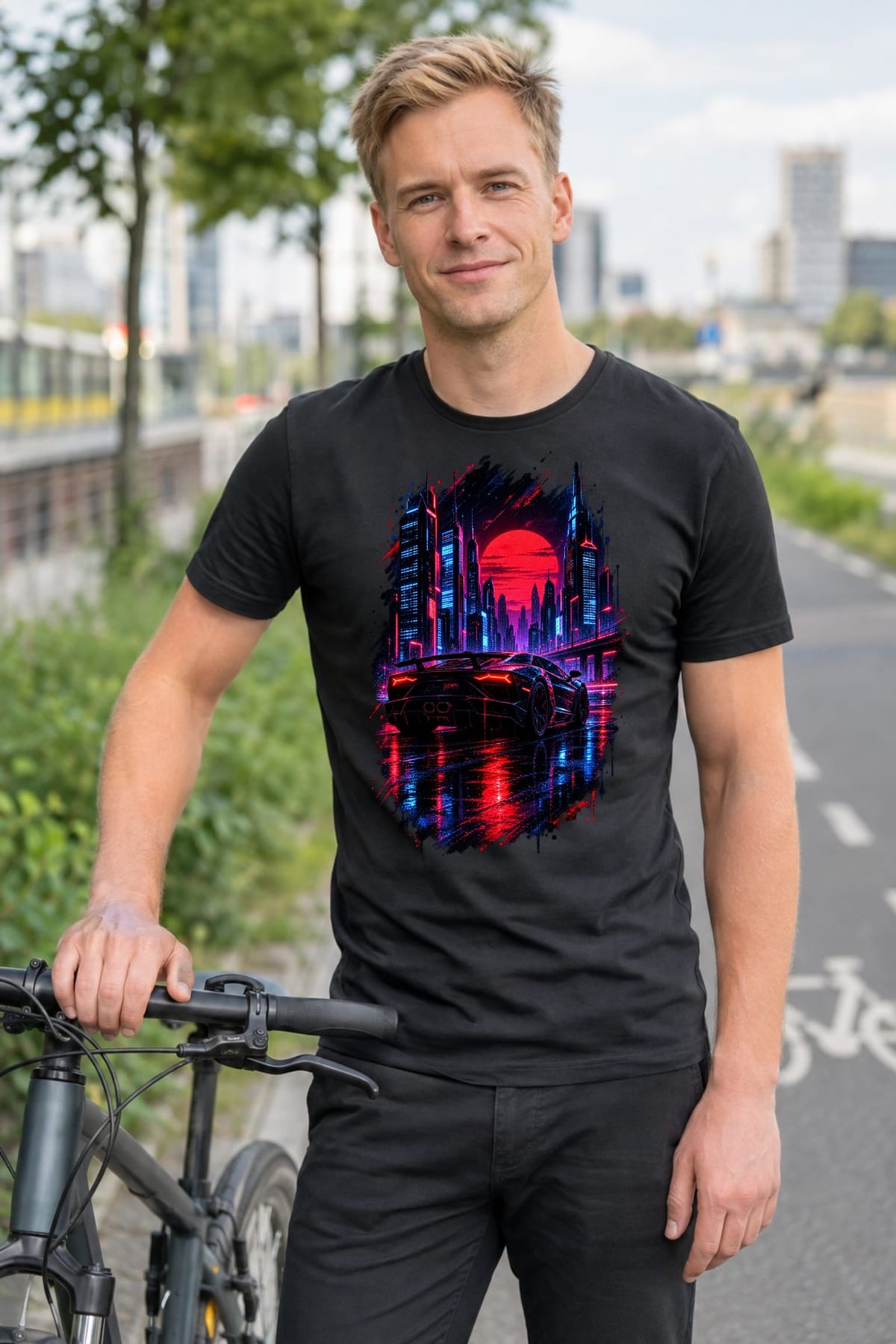 Koszulka męska czarna z autem sportowym nocne miasto cyberpunk prezent, zdjęcie 7