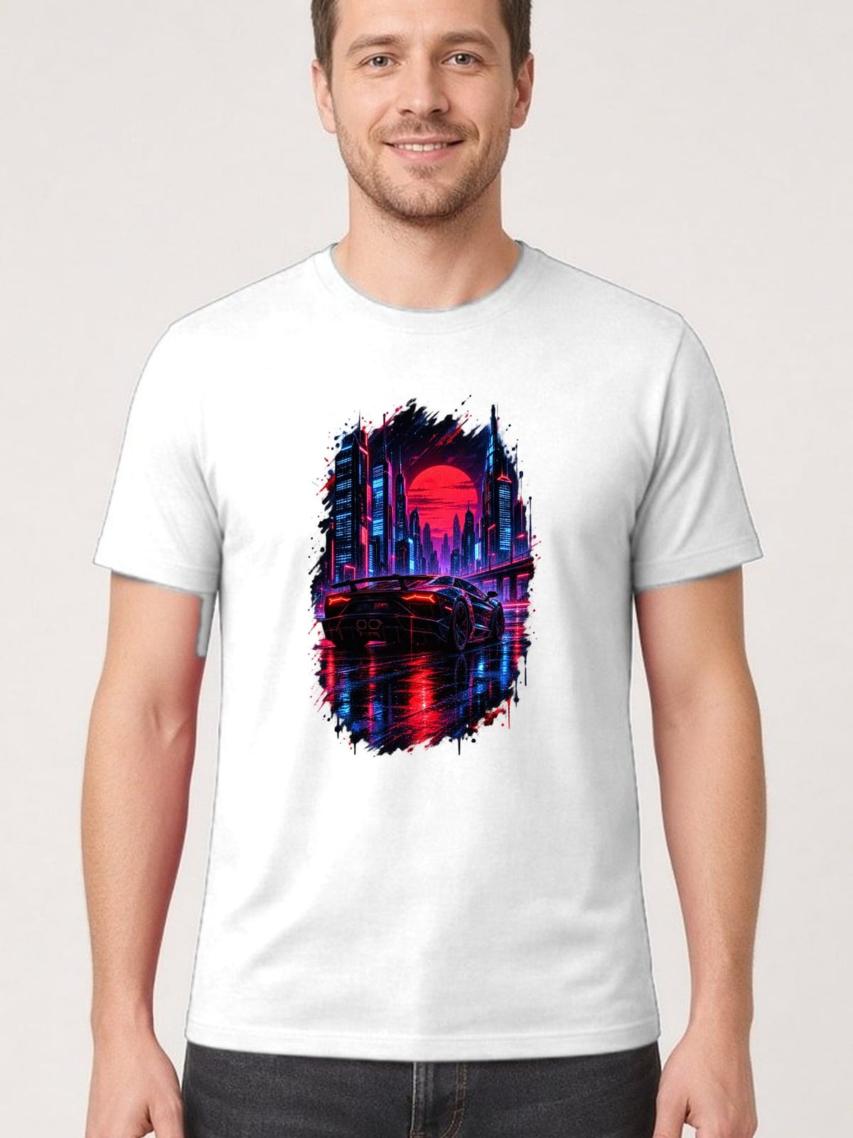 Koszulka męska biała z autem sportowym nocne miasto cyberpunk prezent, zdjęcie 1