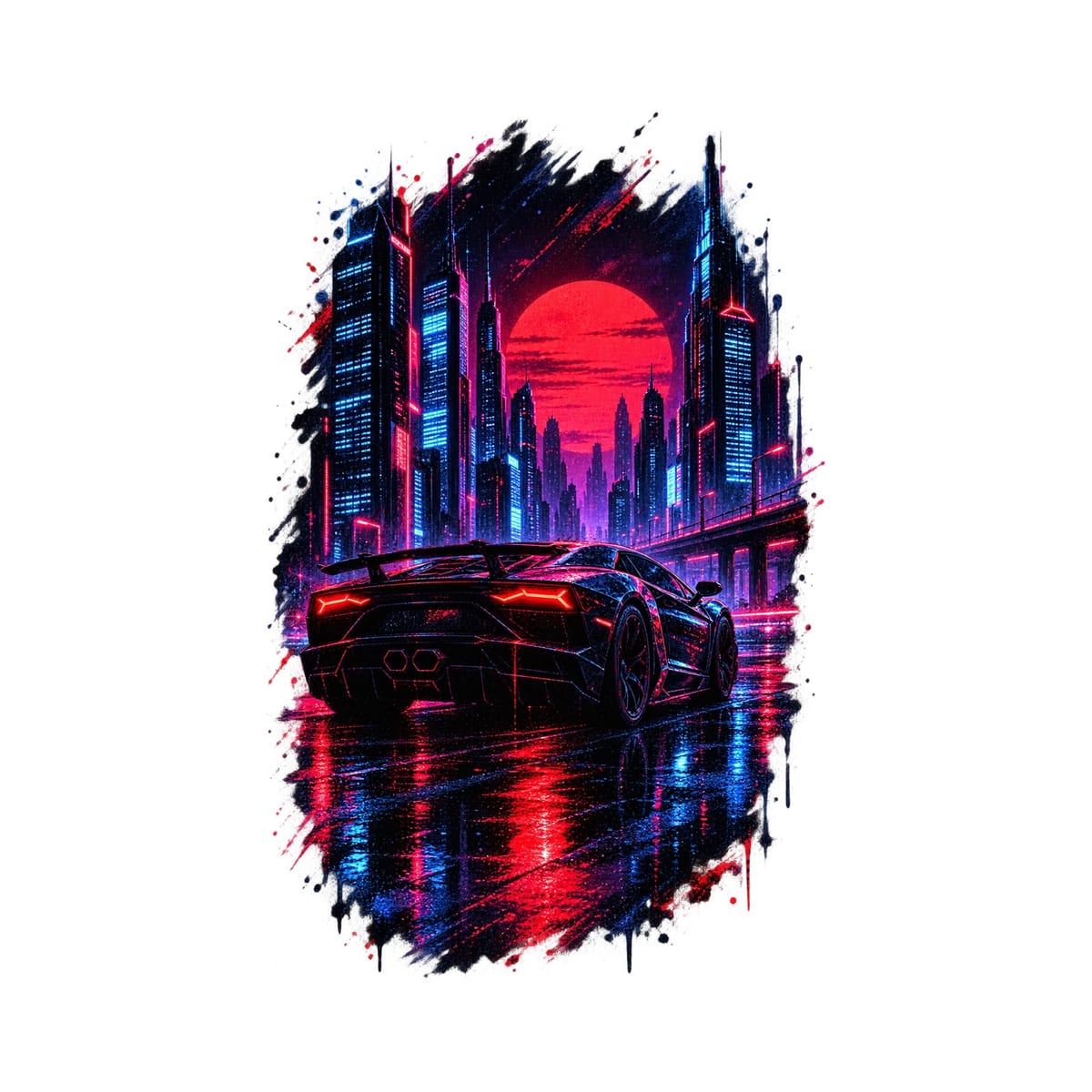 Koszulka męska biała z autem sportowym nocne miasto cyberpunk prezent, zdjęcie 2