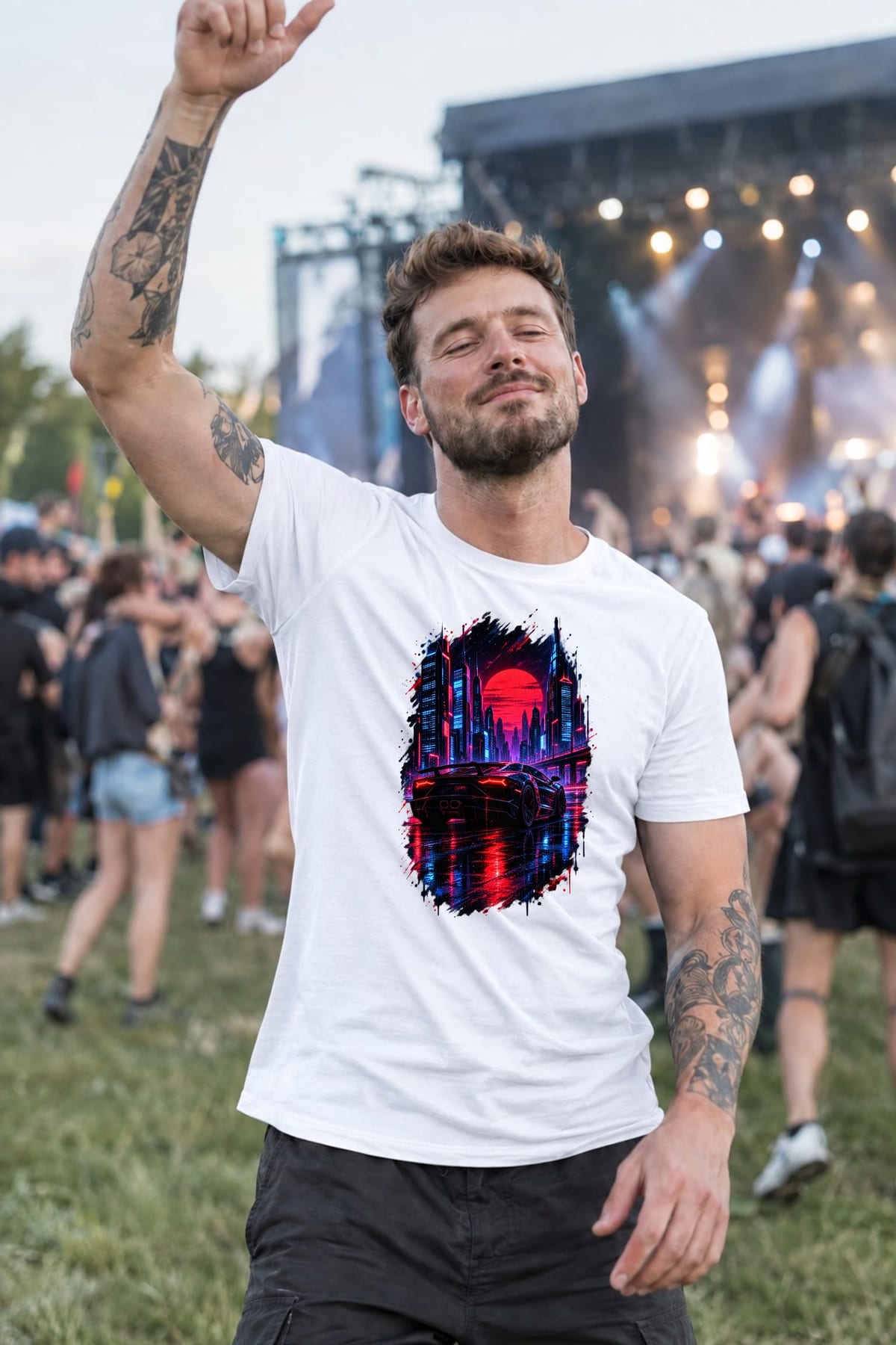 Koszulka męska biała z autem sportowym nocne miasto cyberpunk prezent, zdjęcie 5