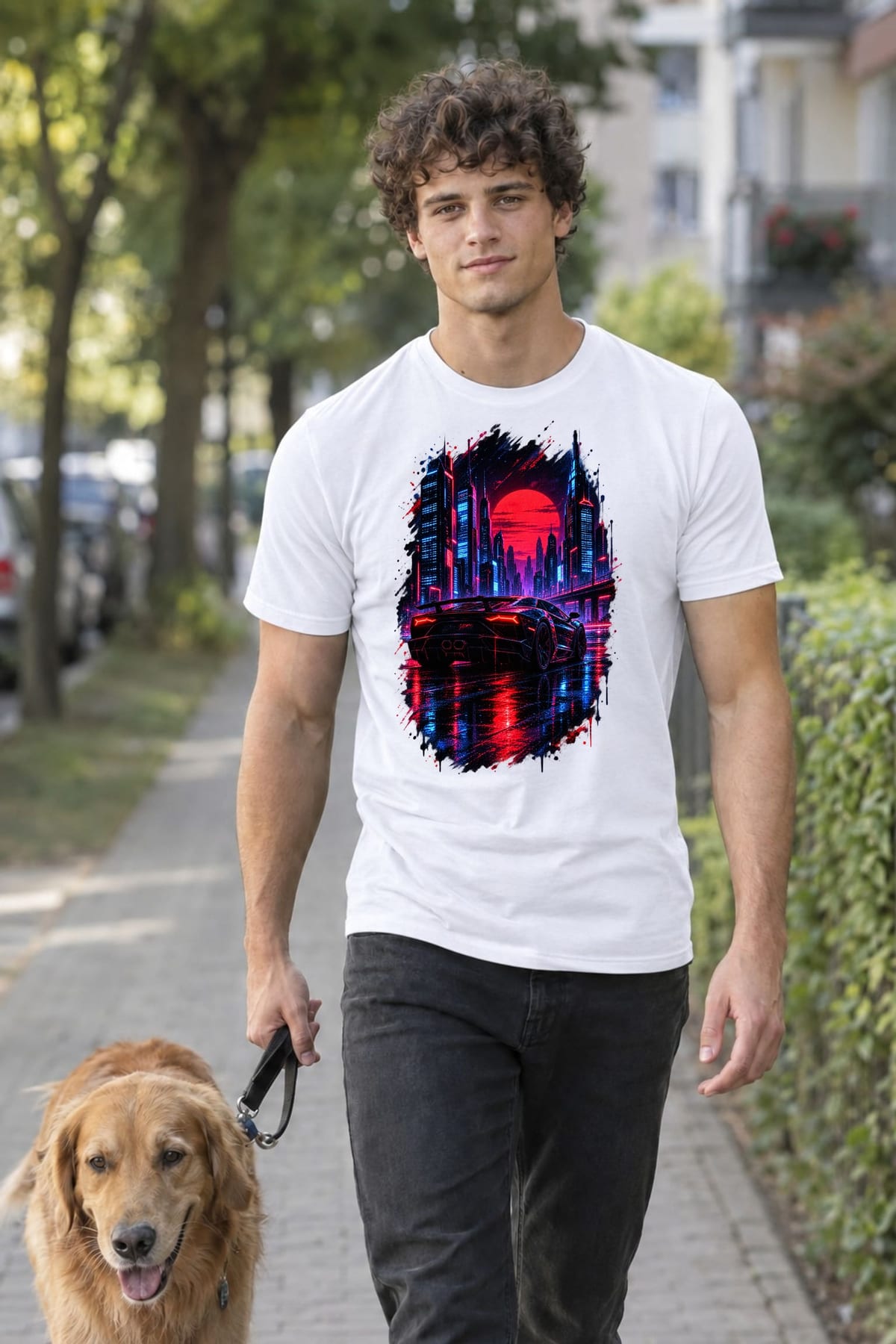 Koszulka męska biała z autem sportowym nocne miasto cyberpunk prezent, zdjęcie 6