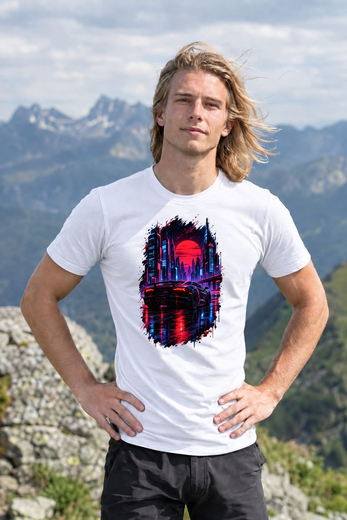 Koszulka męska biała z autem sportowym nocne miasto cyberpunk prezent, zdjęcie 7