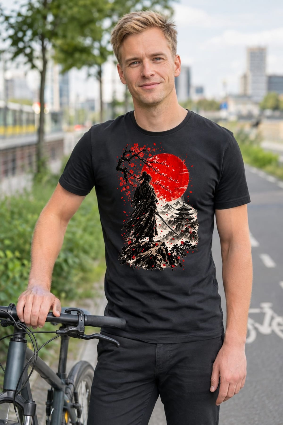 Koszulka męska czarna z samurajem na klifie japonia prezent, zdjęcie 7
