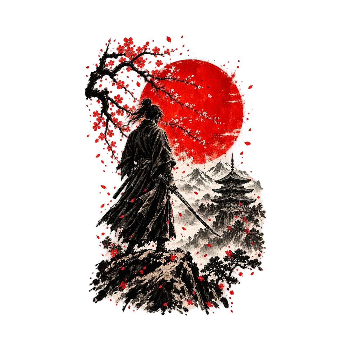 Koszulka męska biała z samurajem na klifie japonia prezent, zdjęcie 2