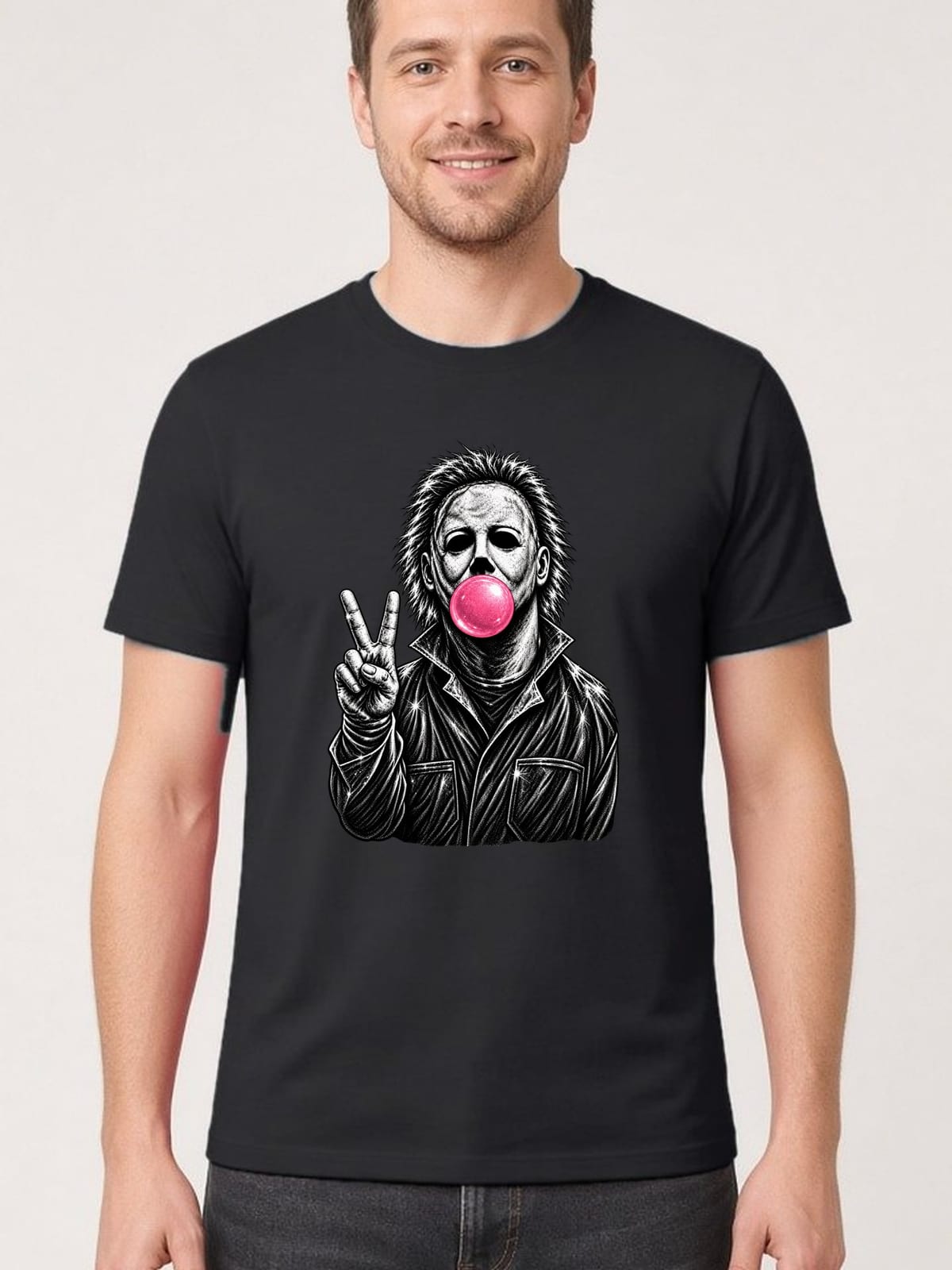 Koszulka męska czarna Halloween Michael Myers z gumą balonową, zdjęcie 1