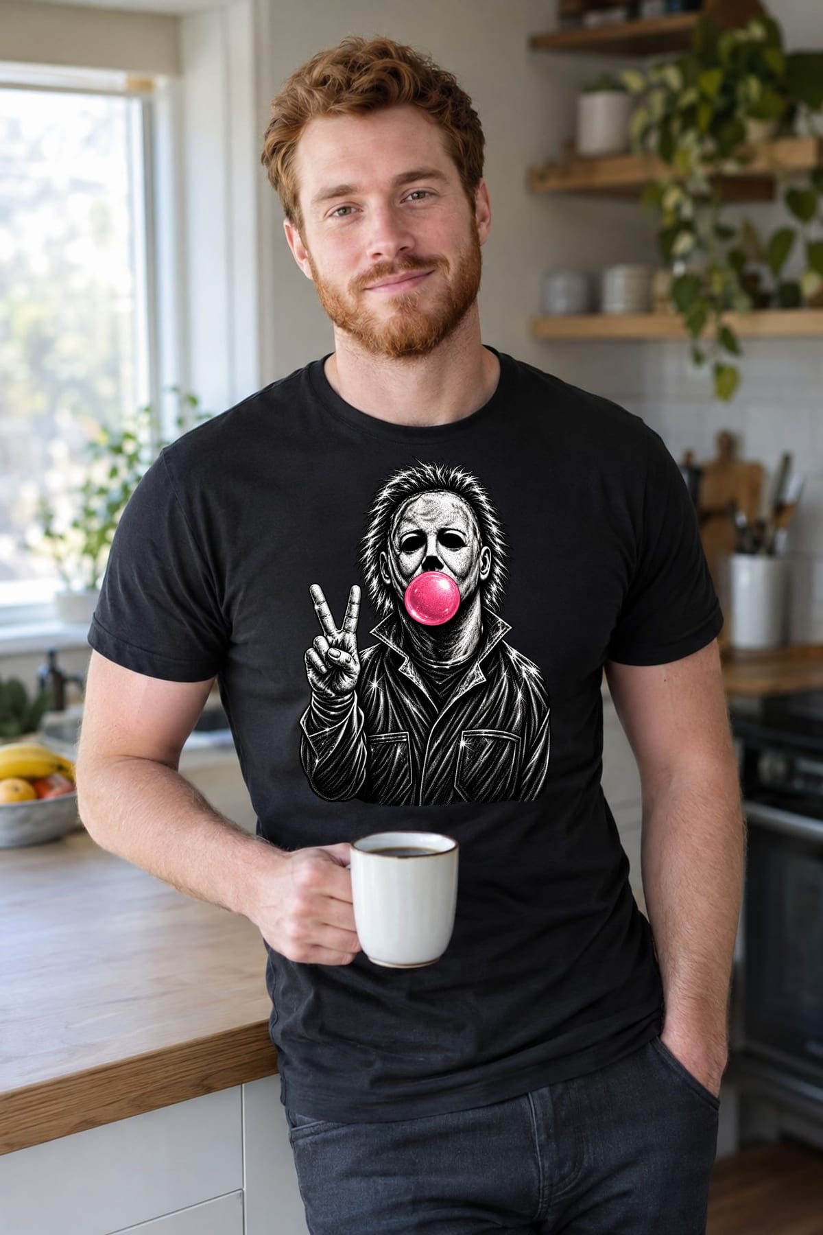 Koszulka męska czarna Halloween Michael Myers z gumą balonową, zdjęcie 5