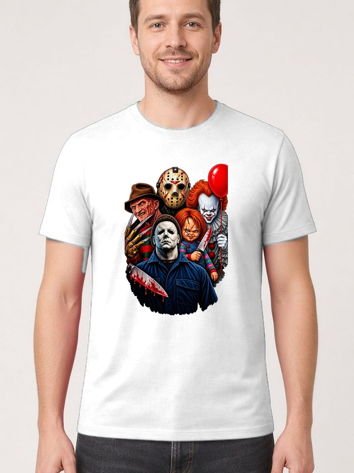 Koszulka męska biała ikony horroru Chucky Jason Myers Pennywise, zdjęcie 1
