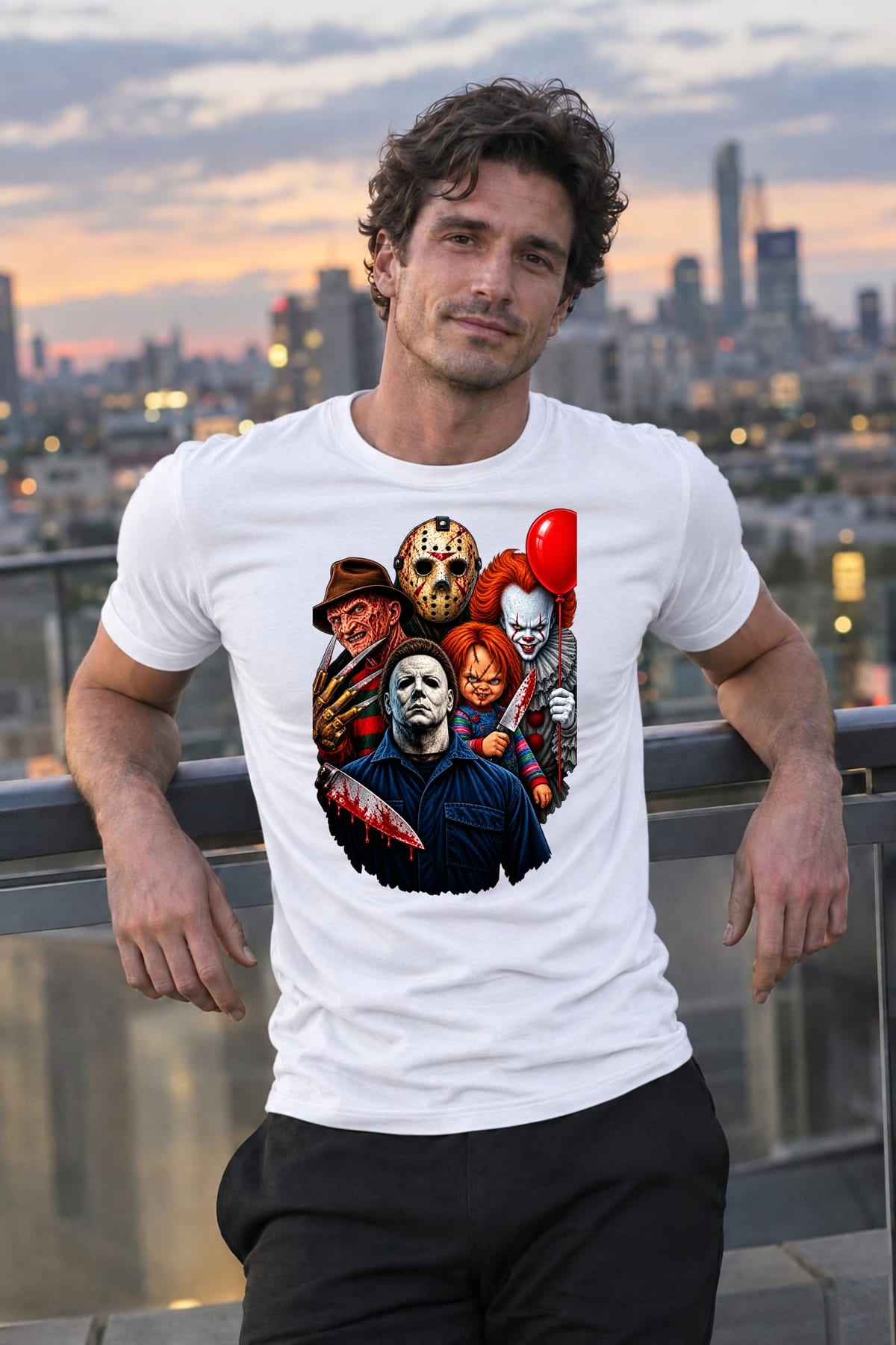 Koszulka męska biała ikony horroru Chucky Jason Myers Pennywise, zdjęcie 3