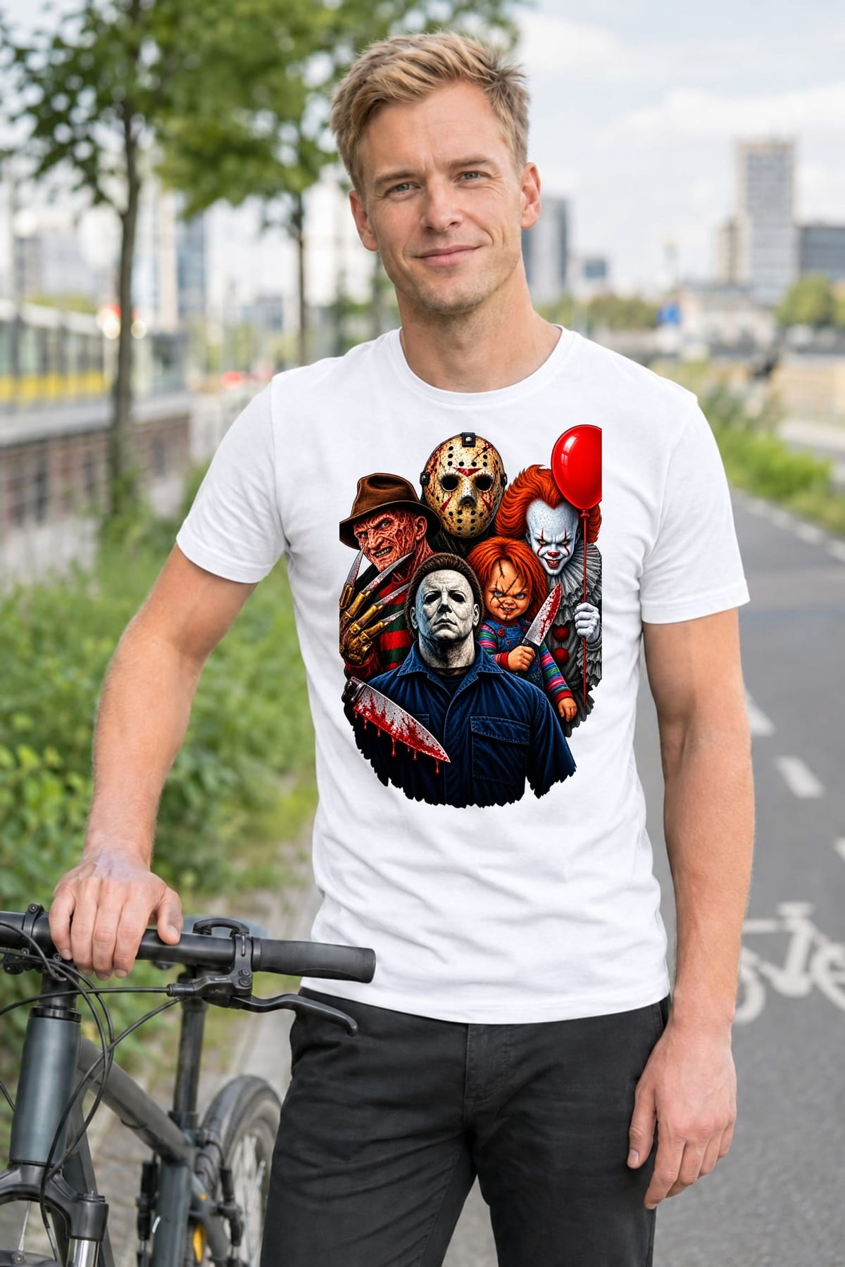 Koszulka męska biała ikony horroru Chucky Jason Myers Pennywise, zdjęcie 4
