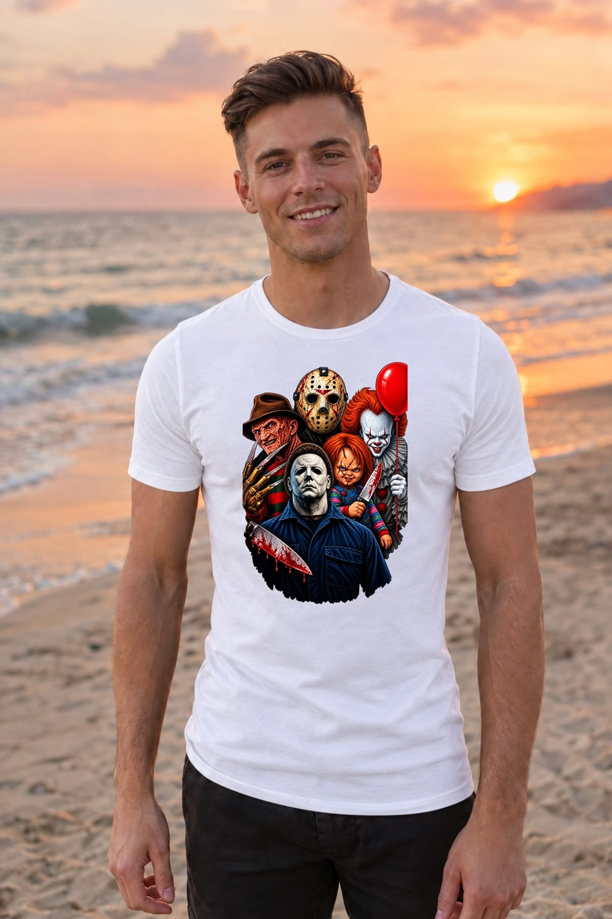 Koszulka męska biała ikony horroru Chucky Jason Myers Pennywise, zdjęcie 7