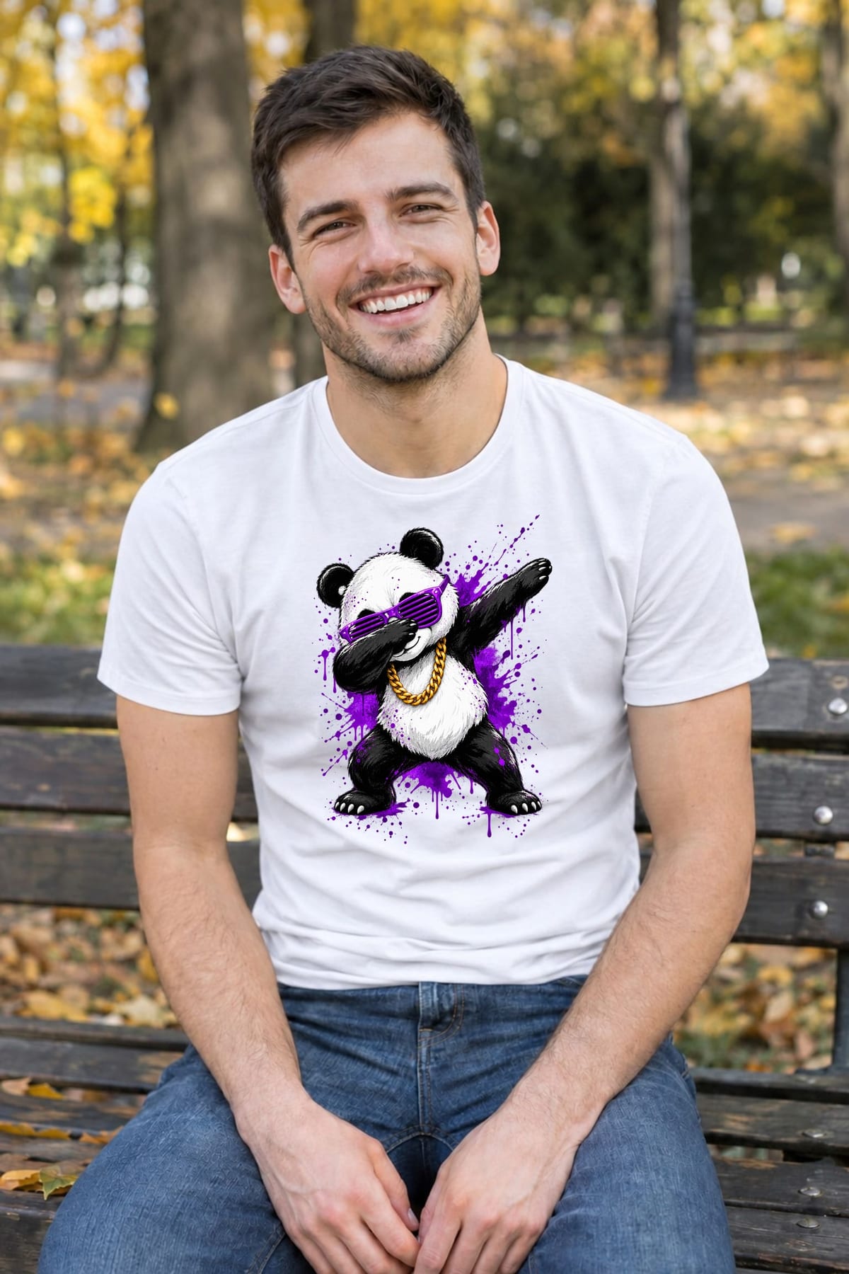 Koszulka męska biała z pandą dab okulary street art prezent, zdjęcie 3