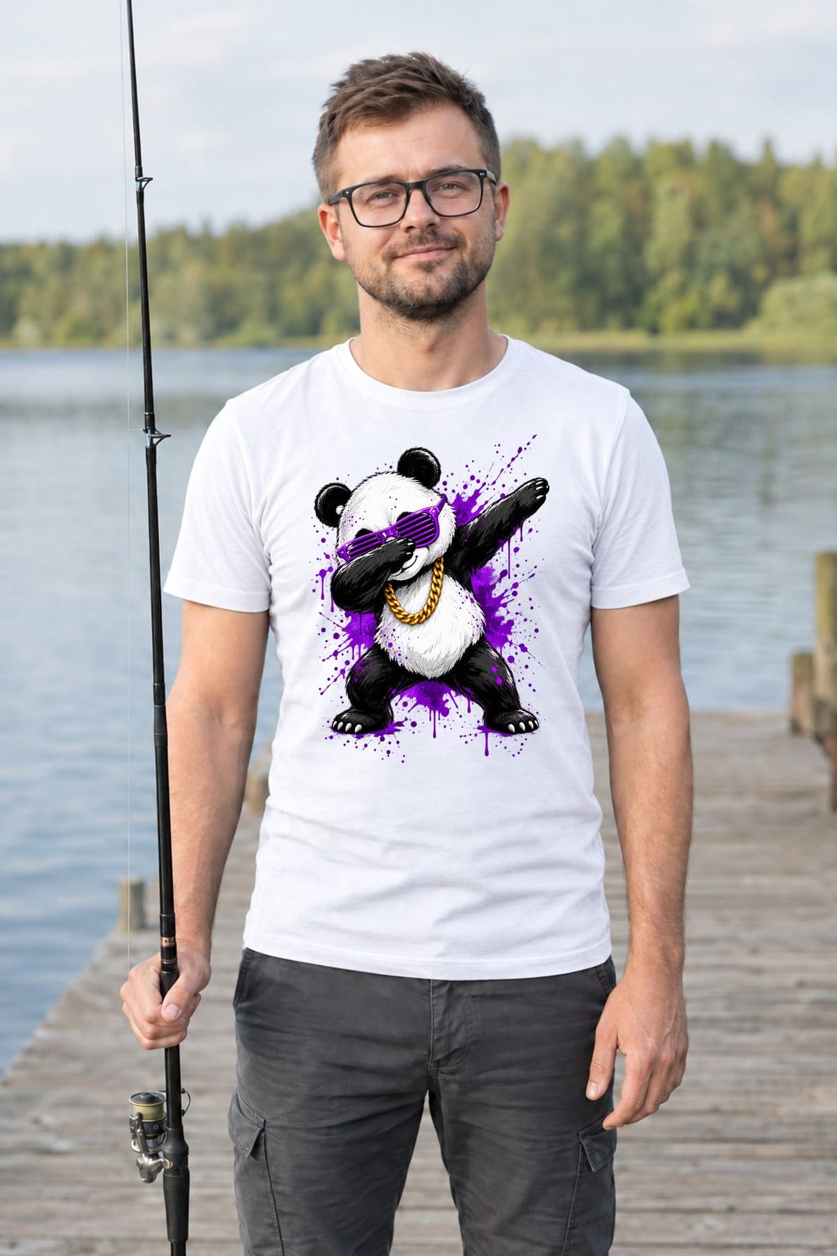 Koszulka męska biała z pandą dab okulary street art prezent, zdjęcie 8