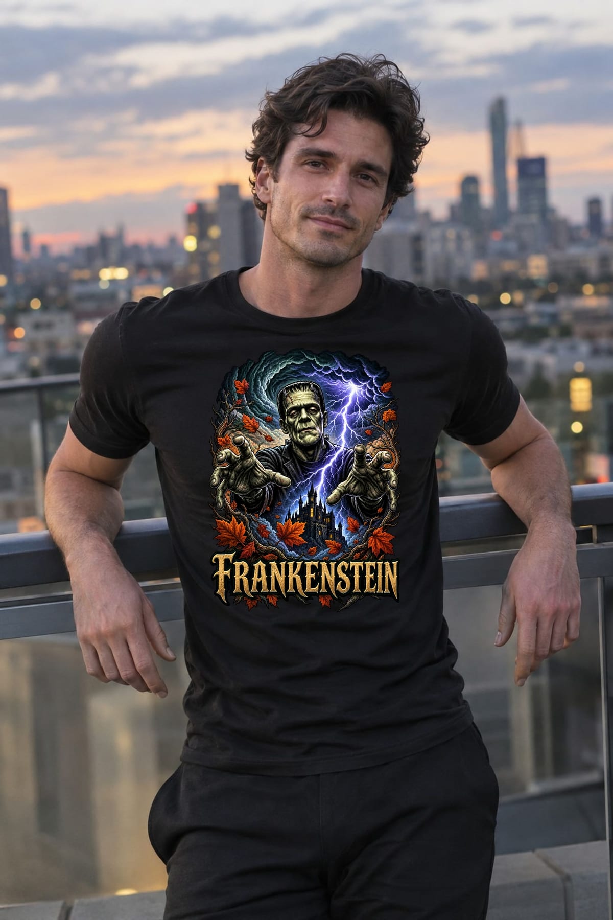Koszulka męska czarna Frankenstein potwór na Halloween prezent, zdjęcie 3