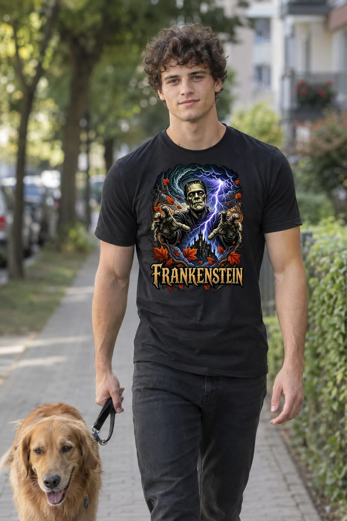 Koszulka męska czarna Frankenstein potwór na Halloween prezent, zdjęcie 8