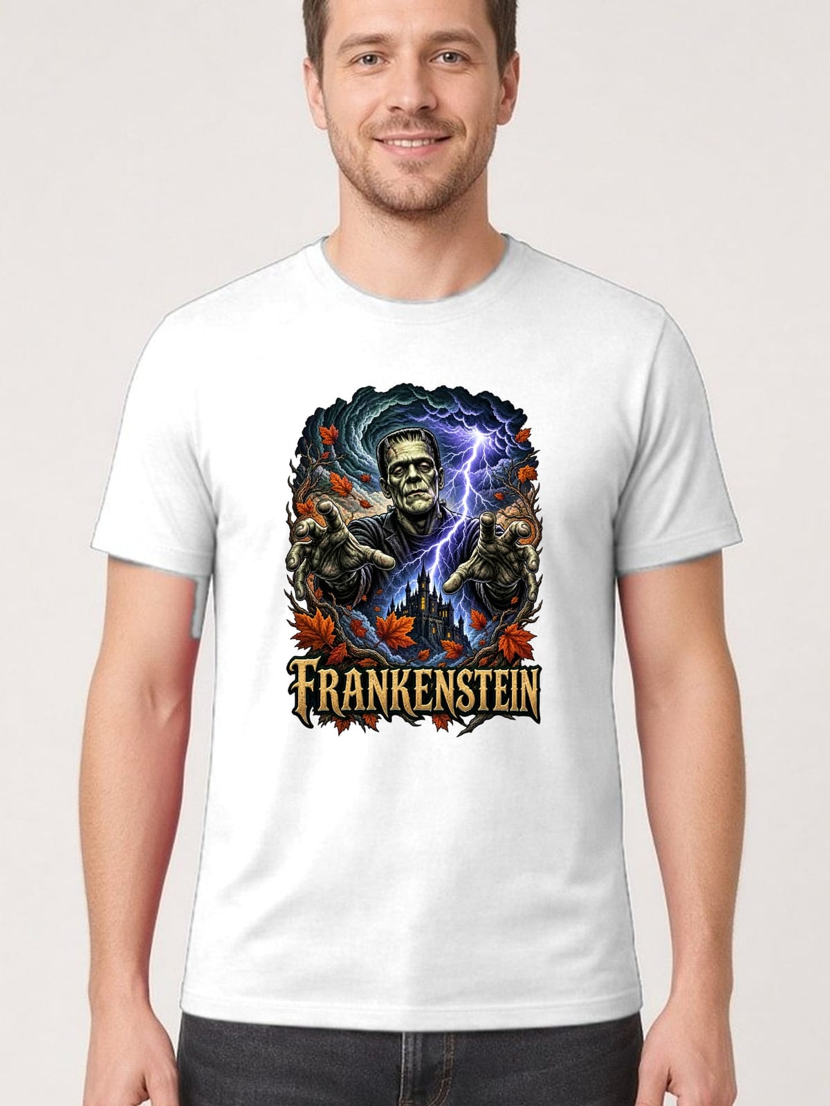 Koszulka męska biała Frankenstein potwór na Halloween prezent, zdjęcie 1