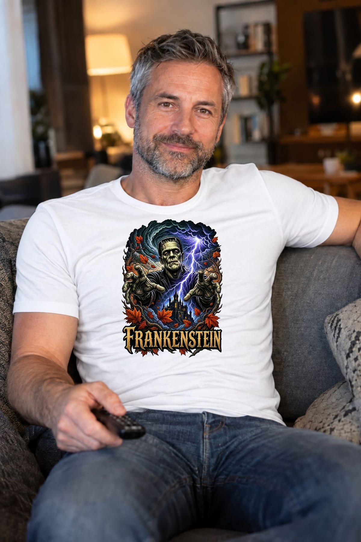 Koszulka męska biała Frankenstein potwór na Halloween prezent, zdjęcie 3