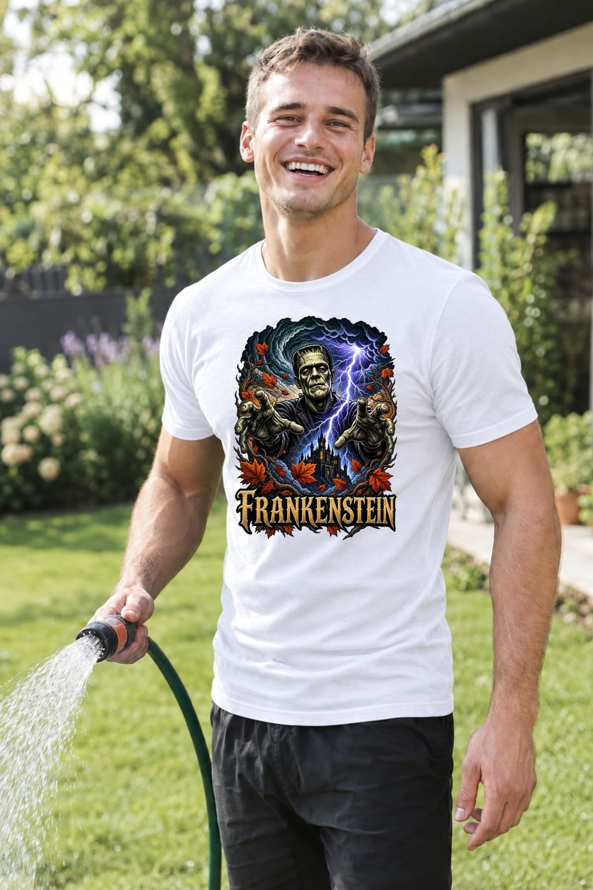 Koszulka męska biała Frankenstein potwór na Halloween prezent, zdjęcie 4
