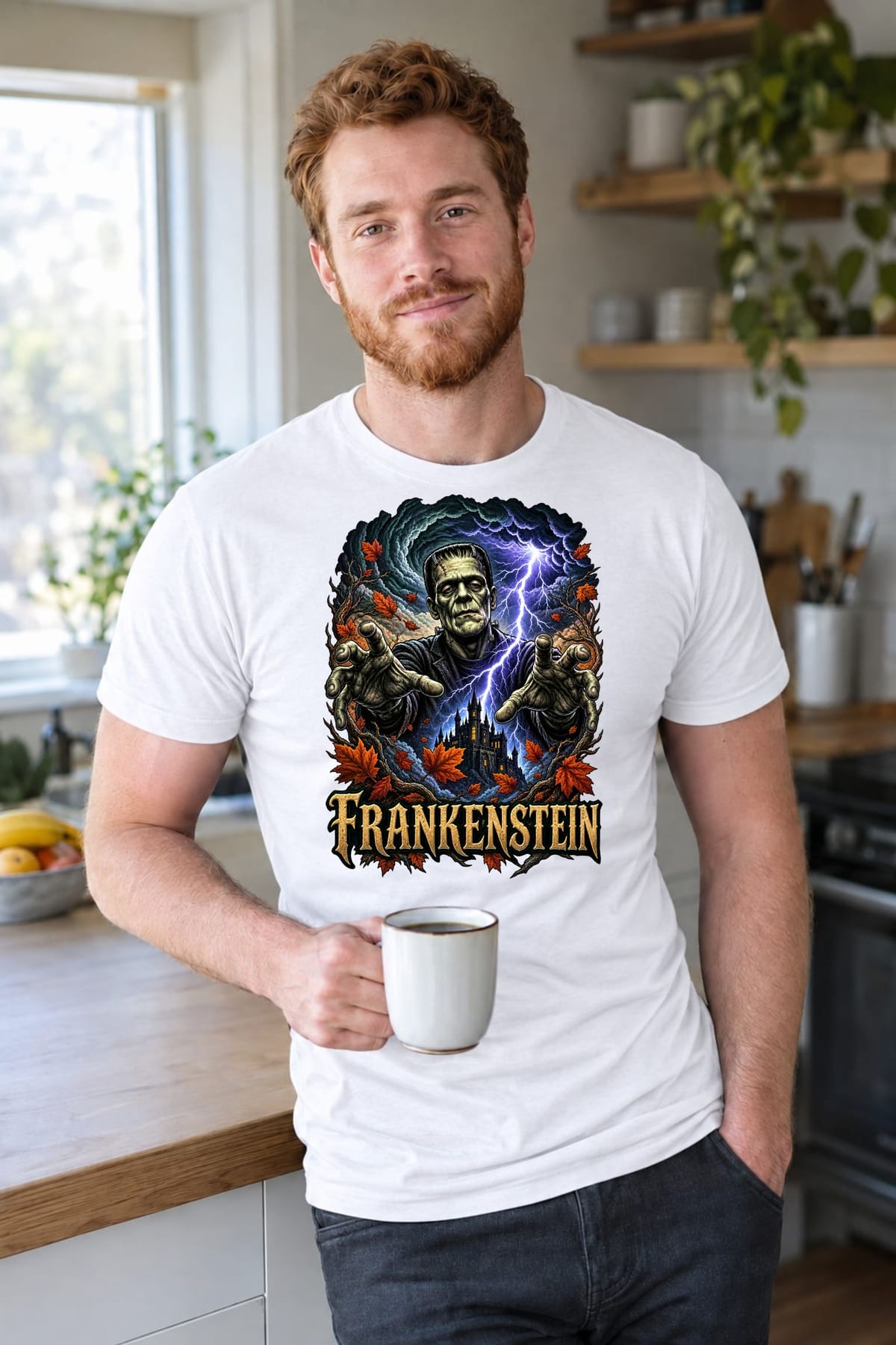 Koszulka męska biała Frankenstein potwór na Halloween prezent, zdjęcie 5