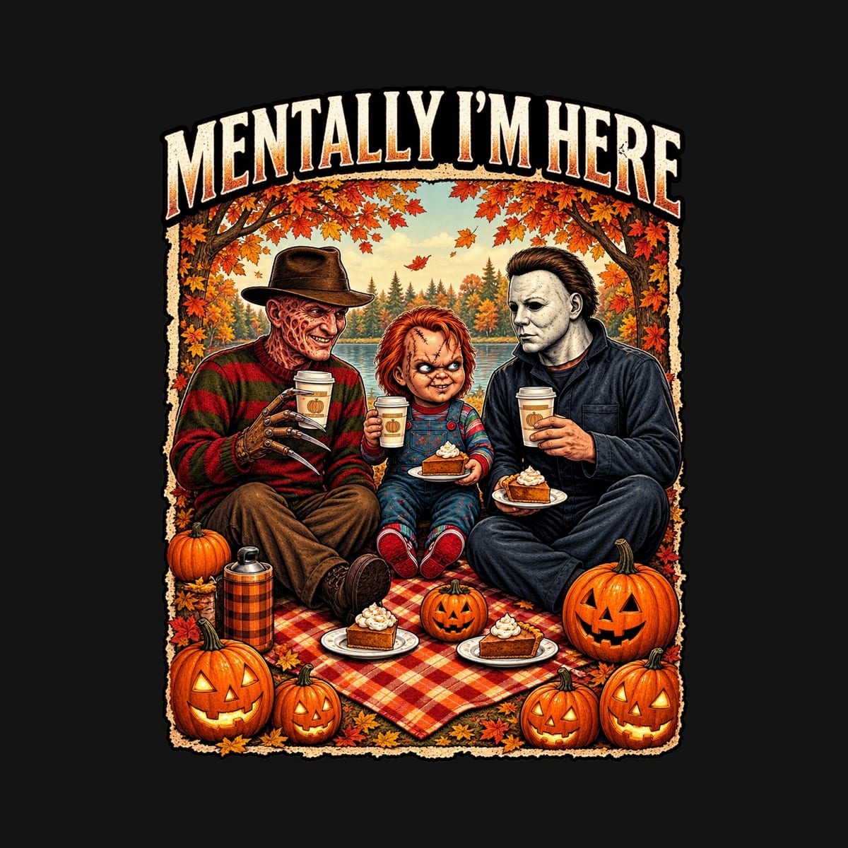 Koszulka męska czarna z horrorem na pikniku halloween śmieszna prezent, zdjęcie 2