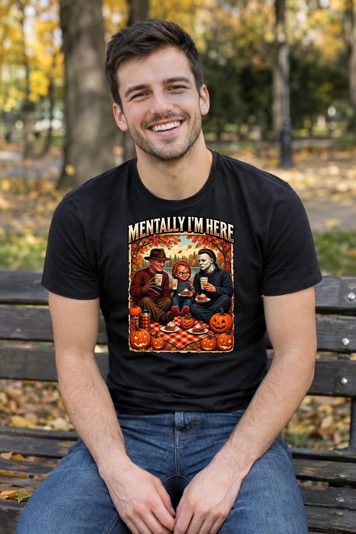 Koszulka męska czarna z horrorem na pikniku halloween śmieszna prezent, zdjęcie 4