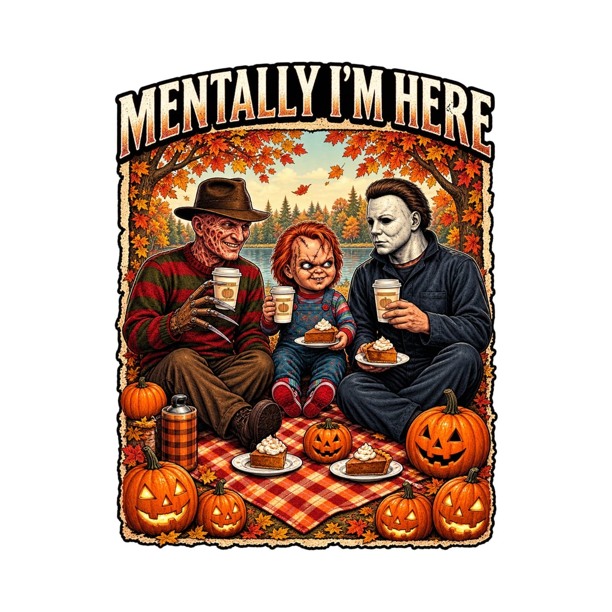 Koszulka męska biała z horrorem na pikniku halloween śmieszna prezent, zdjęcie 2
