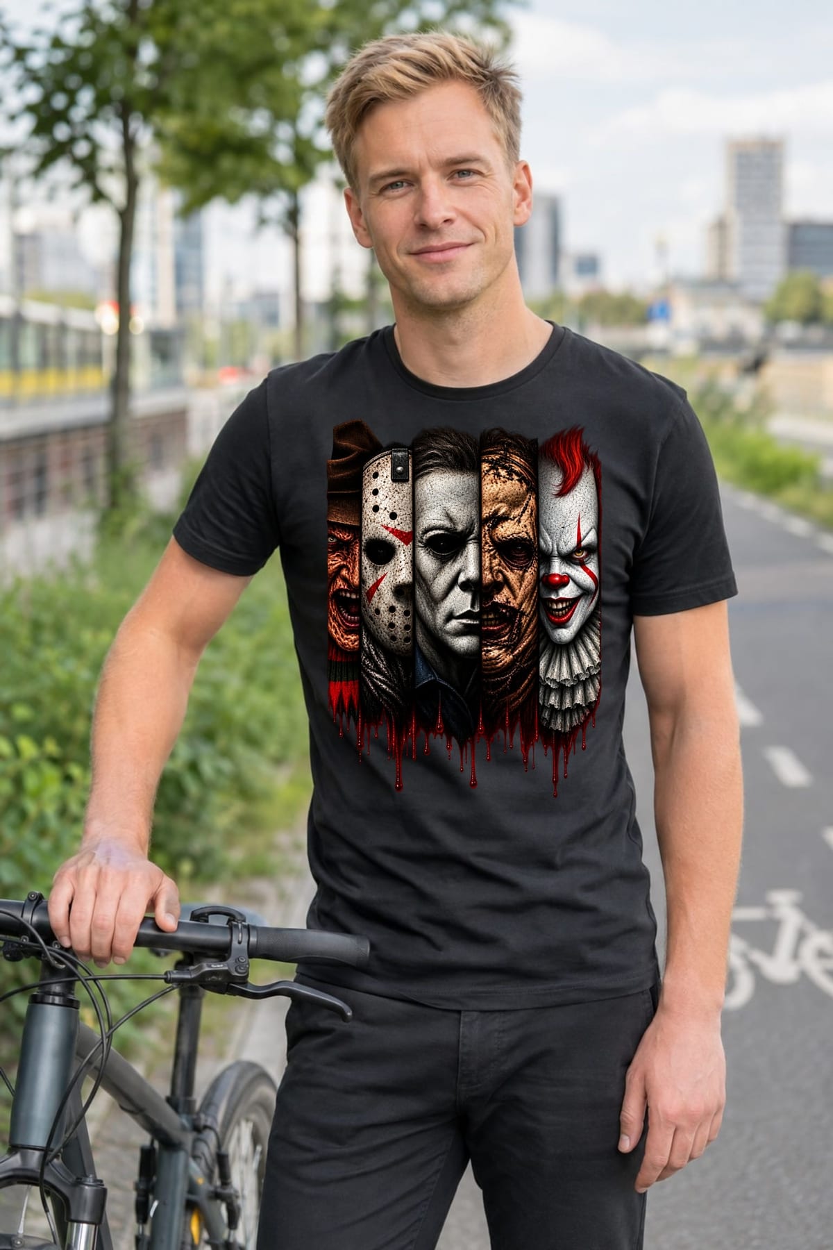 Koszulka męska czarna Halloween ikony horroru kolaż twarzy prezent, zdjęcie 6