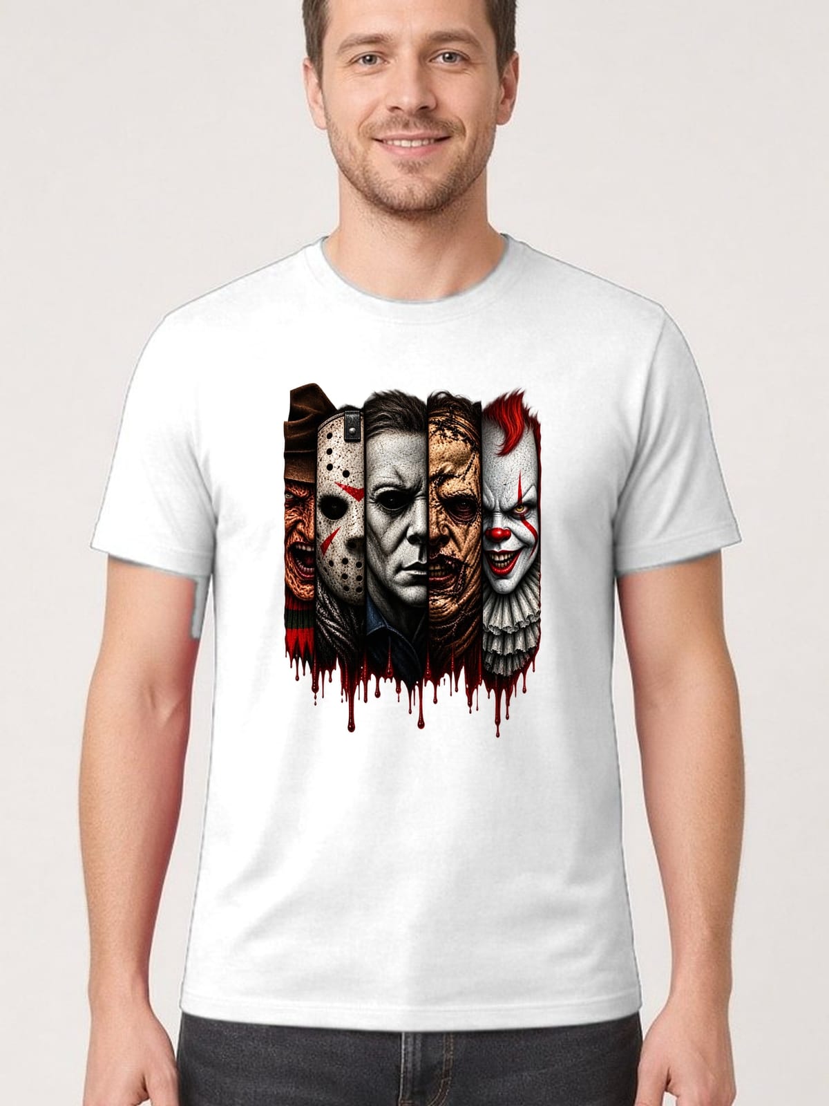 Koszulka męska biała Halloween ikony horroru kolaż twarzy prezent, zdjęcie 1