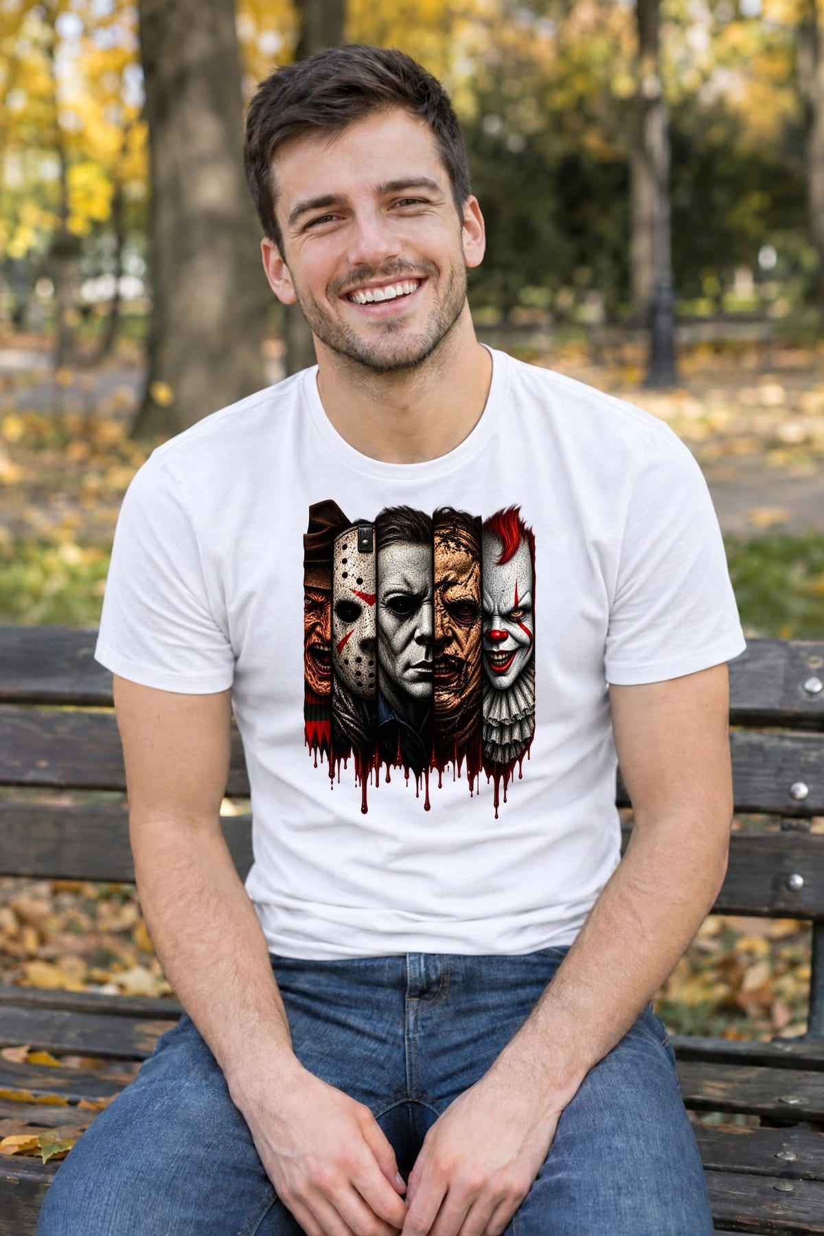 Koszulka męska biała Halloween ikony horroru kolaż twarzy prezent, zdjęcie 3
