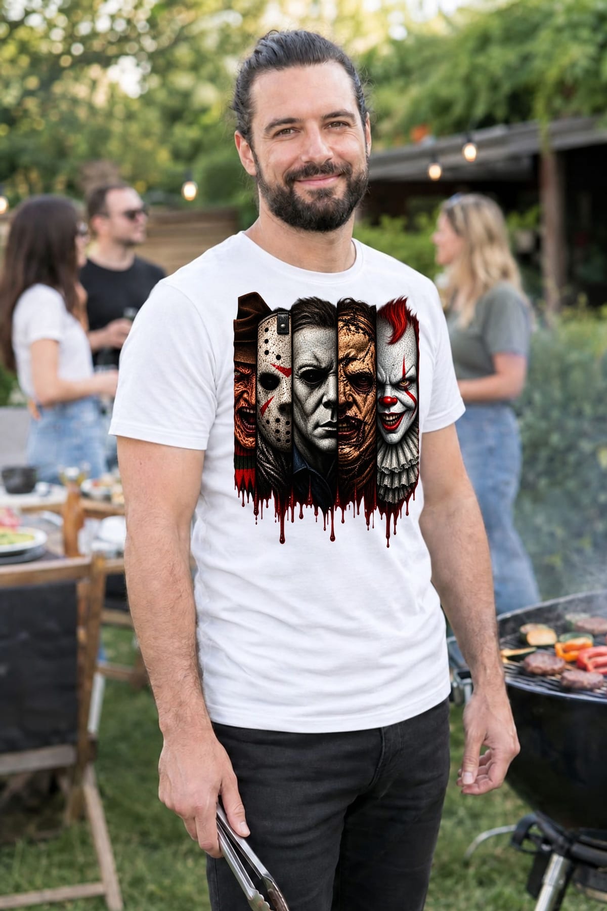 Koszulka męska biała Halloween ikony horroru kolaż twarzy prezent, zdjęcie 6