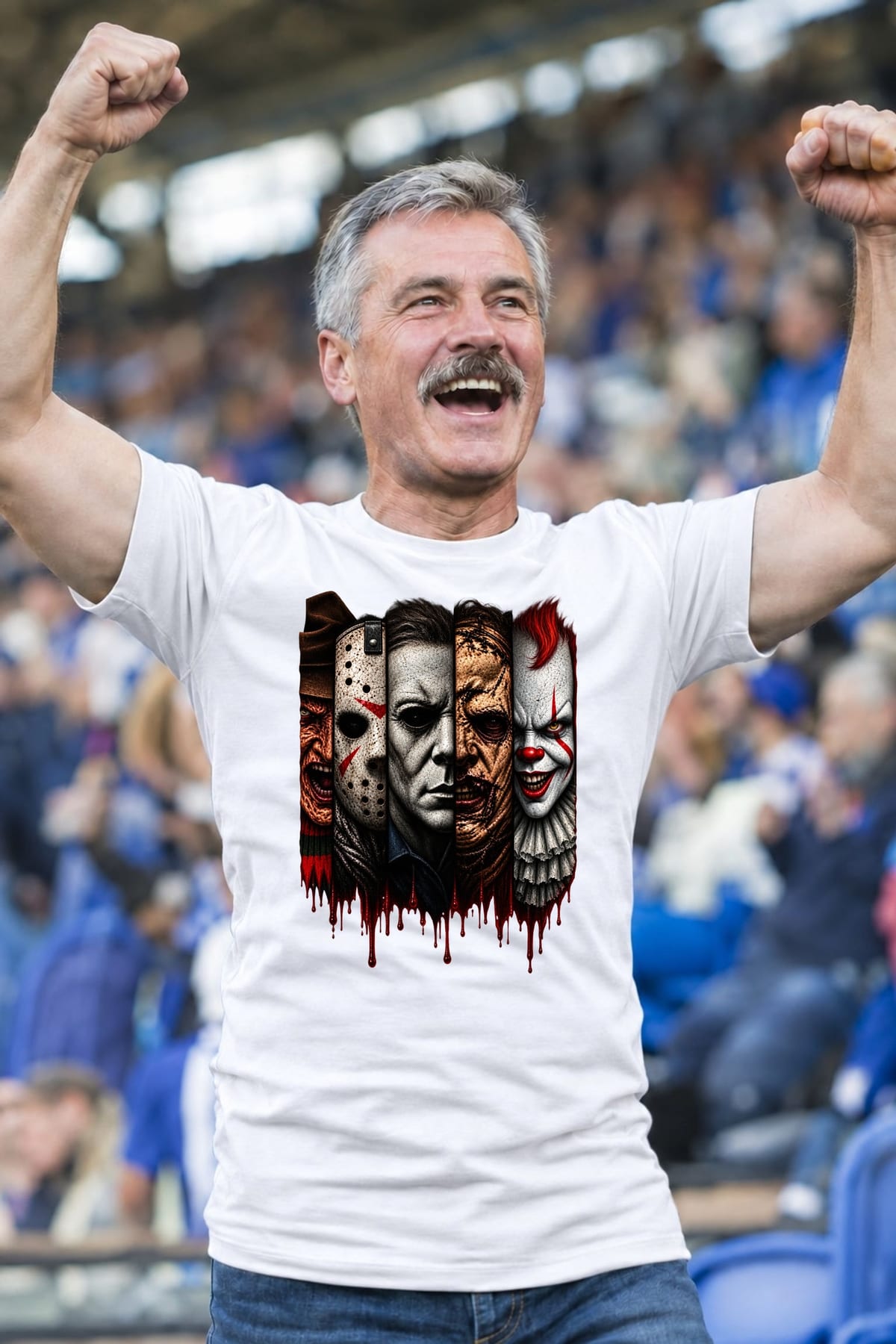 Koszulka męska biała Halloween ikony horroru kolaż twarzy prezent, zdjęcie 8