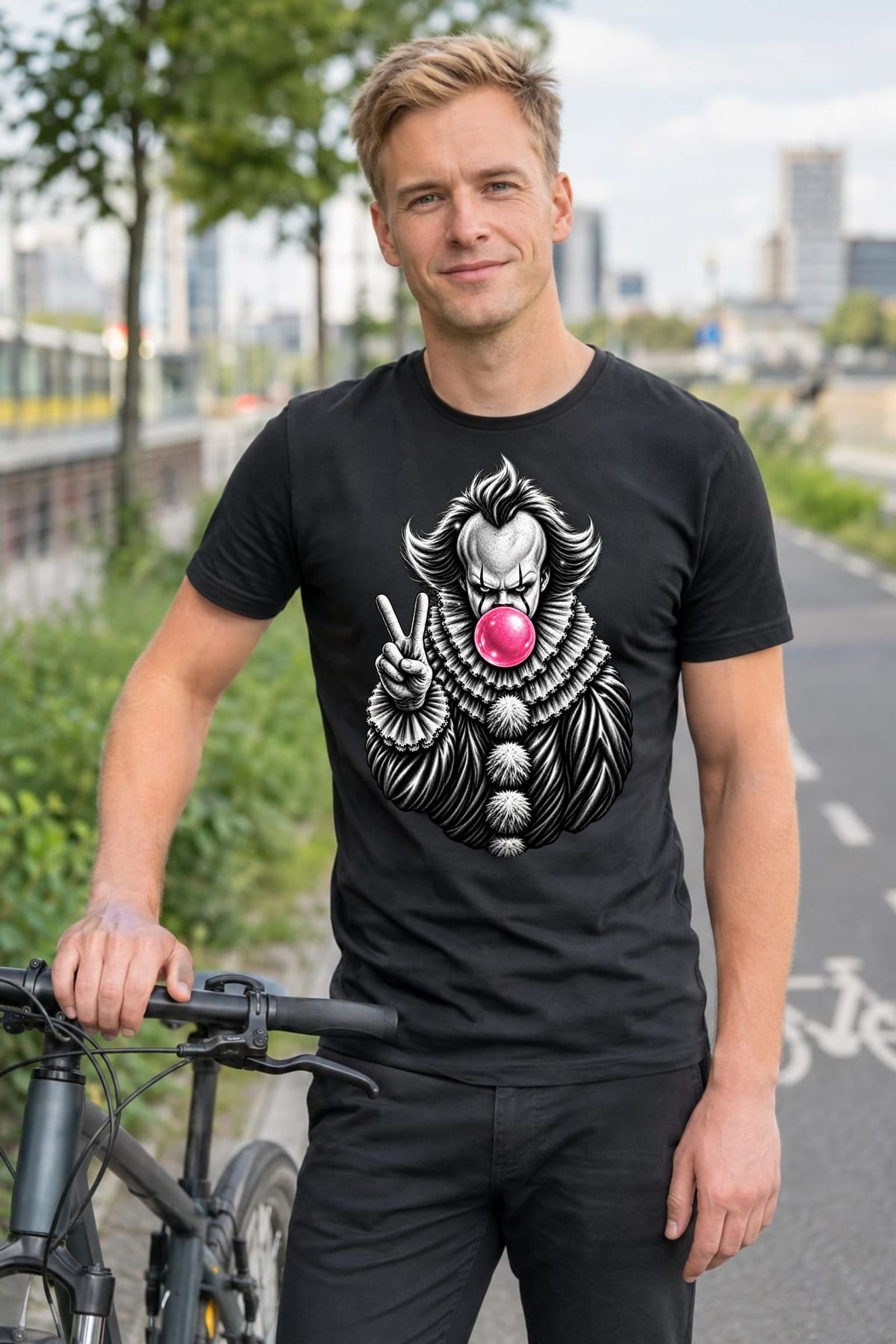 Koszulka męska czarna Halloween Pennywise z gumą balonową prezent, zdjęcie 7