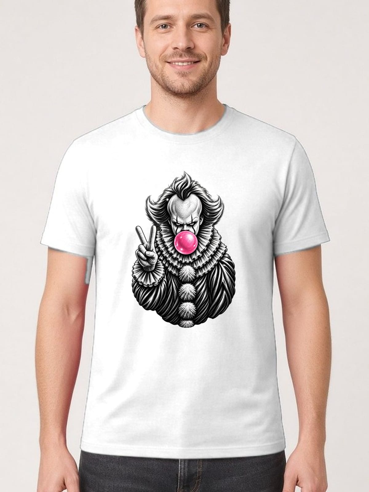 Koszulka męska biała Halloween Pennywise z gumą balonową prezent, zdjęcie 1