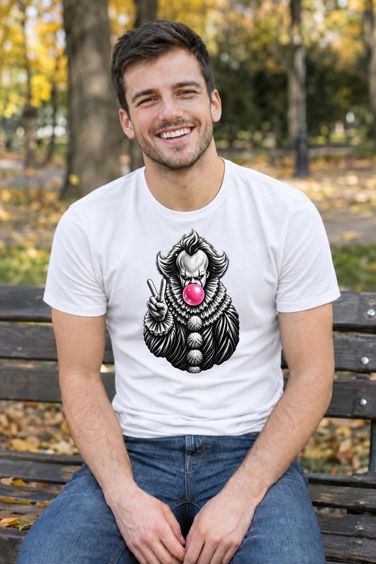 Koszulka męska biała Halloween Pennywise z gumą balonową prezent, zdjęcie 3