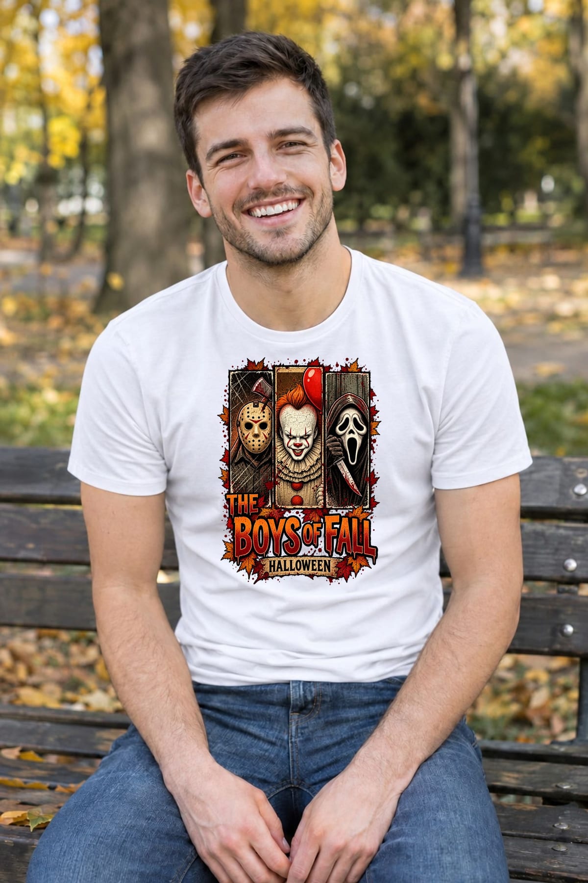 Koszulka męska biała Halloween ikony horroru klaun maska prezent, zdjęcie 3
