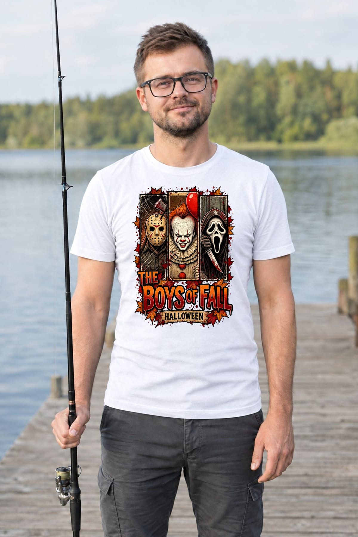 Koszulka męska biała Halloween ikony horroru klaun maska prezent, zdjęcie 7