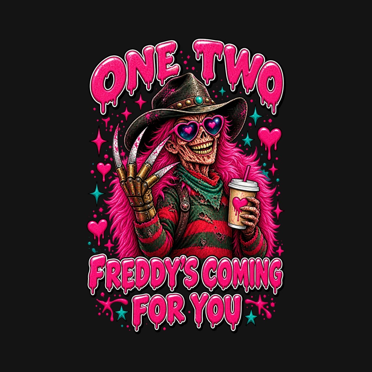 Koszulka męska czarna Freddy Krueger parodia z kawą na Halloween prezent, zdjęcie 2