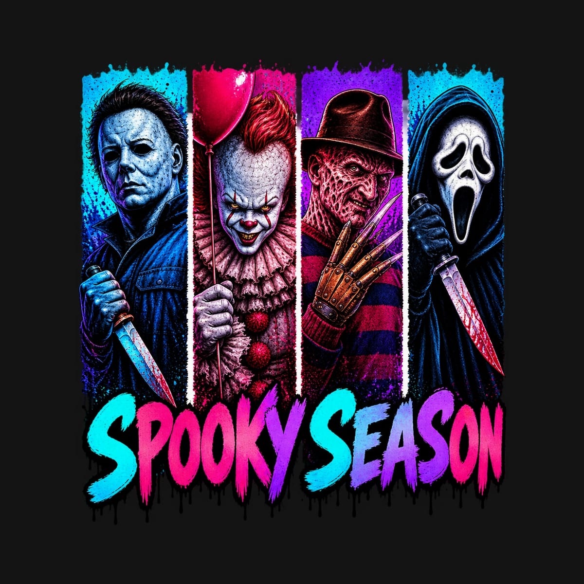 Koszulka męska czarna z ikonami horroru Spooky Season prezent, zdjęcie 2