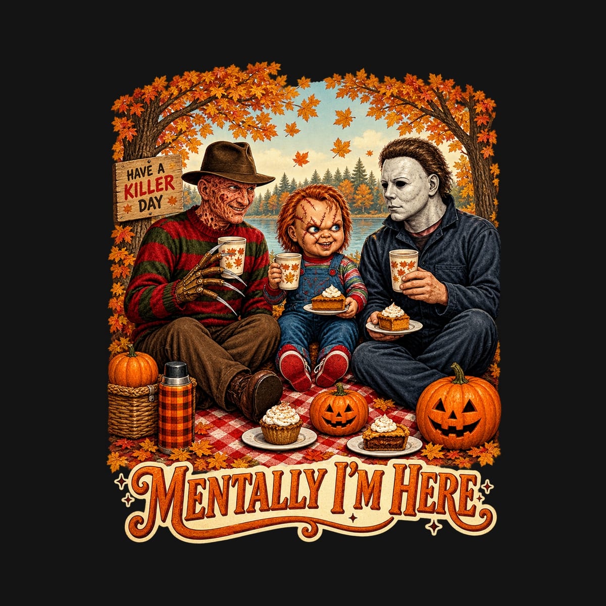 Koszulka męska czarna Halloween na piknik mordercy horror prezent, zdjęcie 2