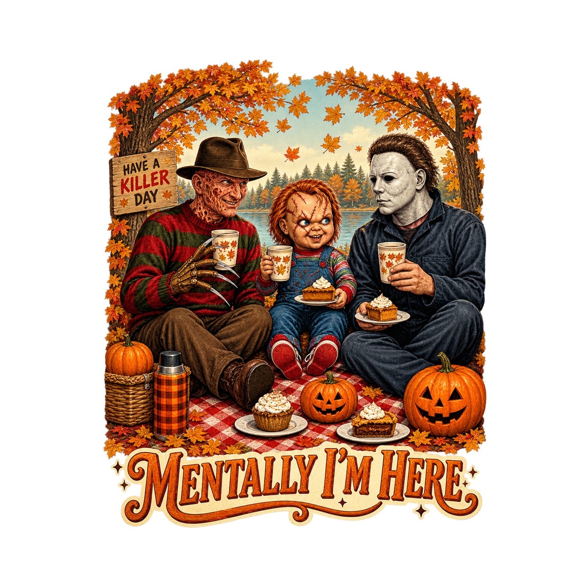Koszulka męska biała Halloween na piknik mordercy horror prezent, zdjęcie 2