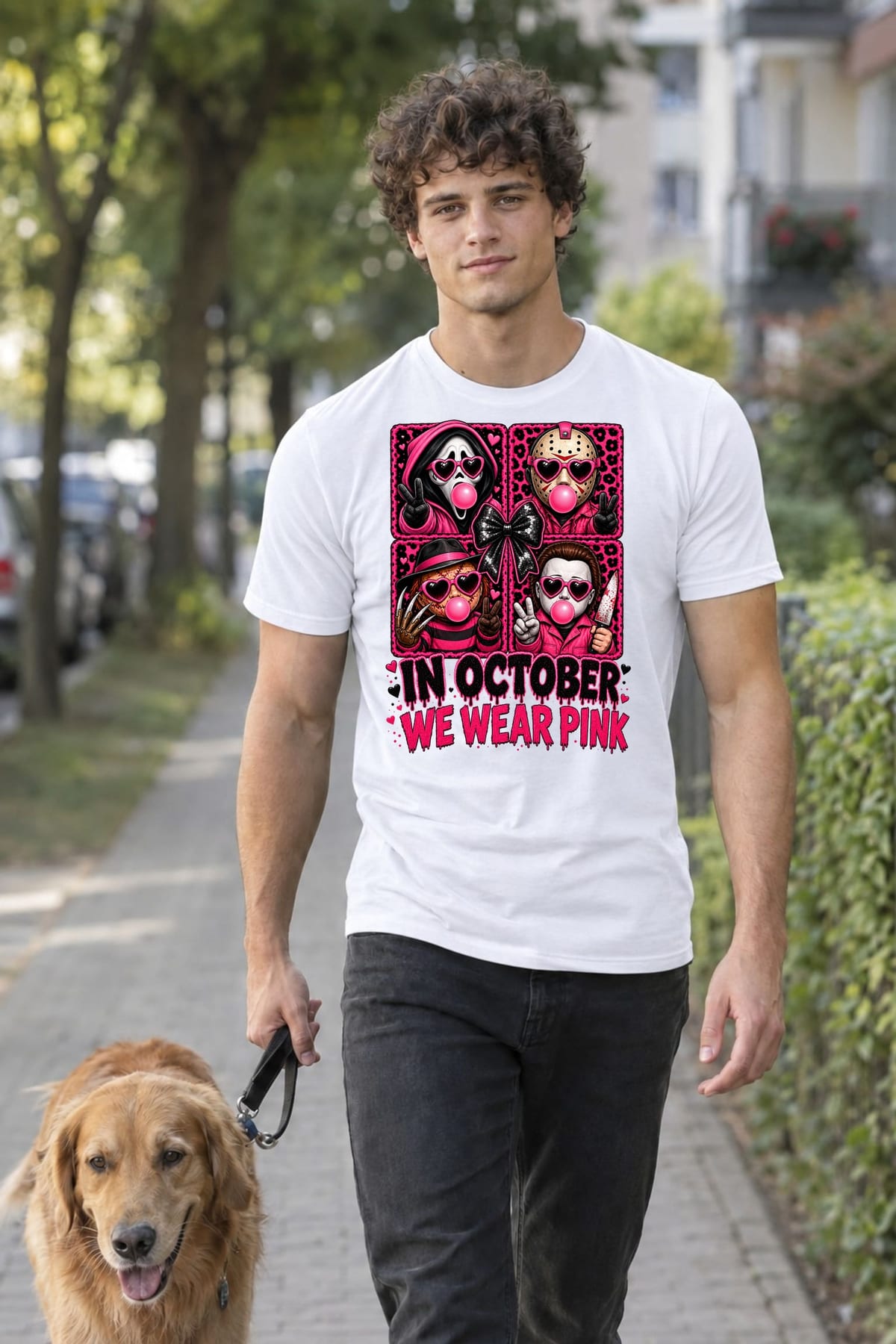 Koszulka męska biała Halloween różowe okulary serduszka guma balonowa, zdjęcie 5