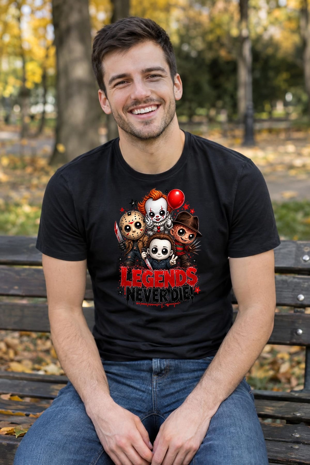 Koszulka męska czarna Halloween chibi ikony horroru śmieszna prezent, zdjęcie 7