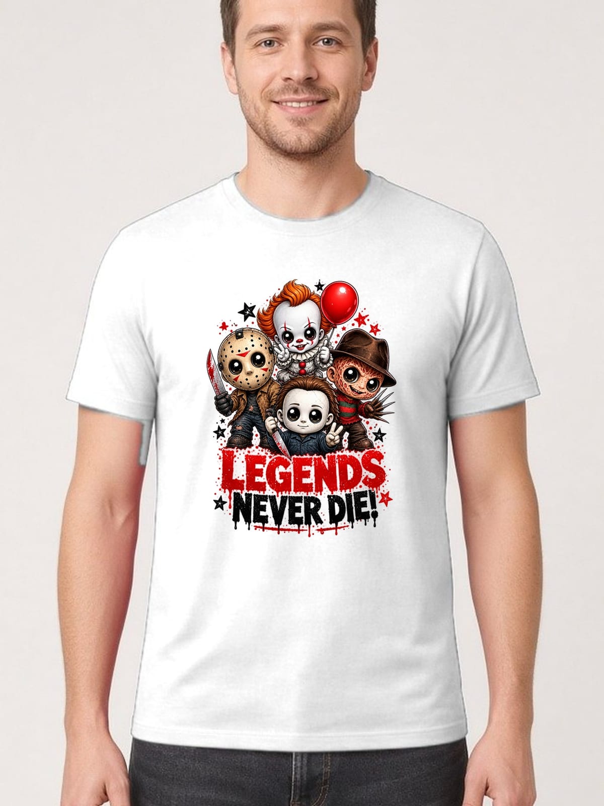 Koszulka męska biała Halloween chibi ikony horroru śmieszna prezent, zdjęcie 1