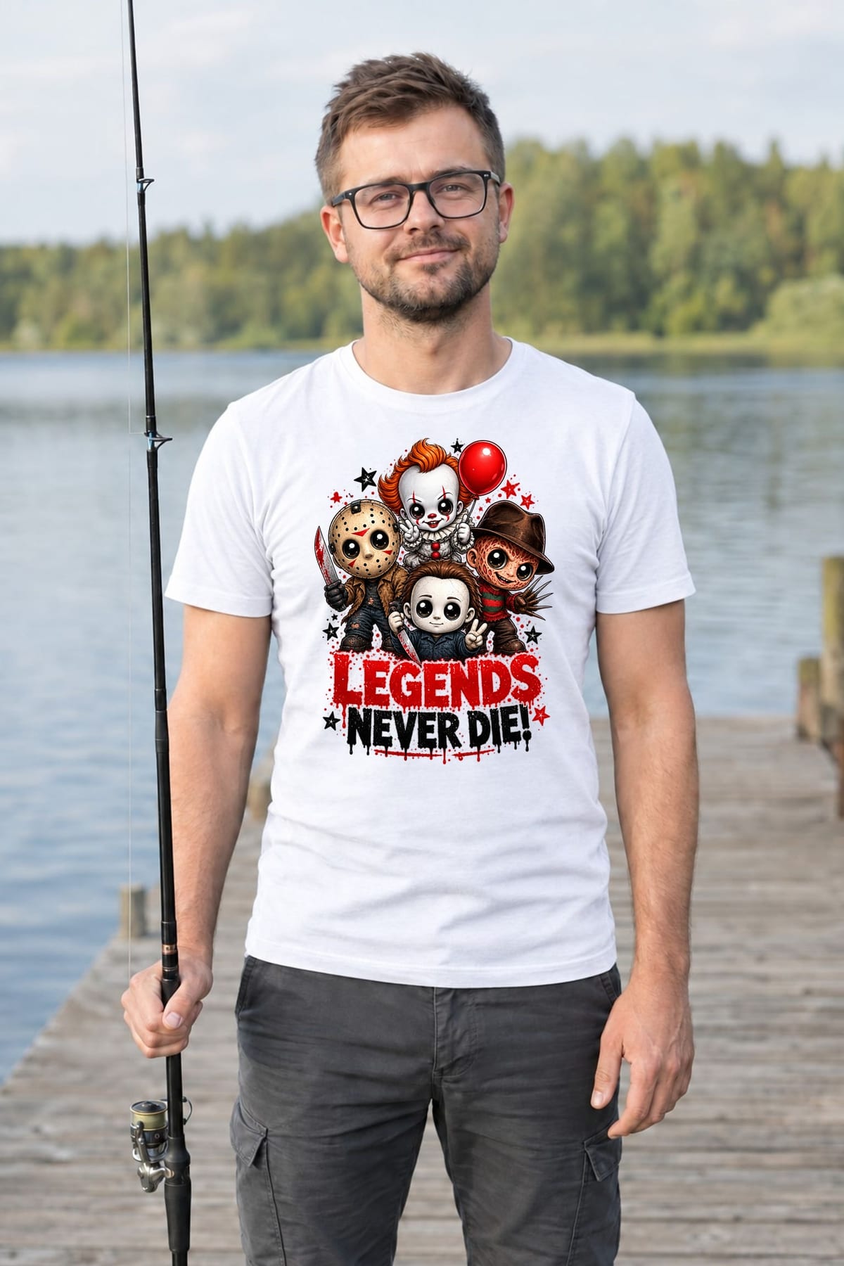 Koszulka męska biała Halloween chibi ikony horroru śmieszna prezent, zdjęcie 5
