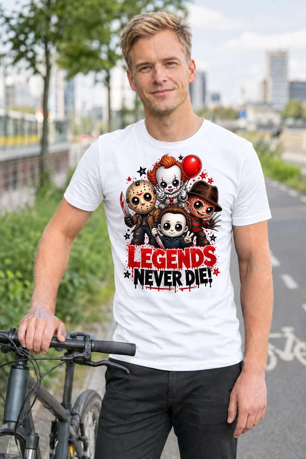 Koszulka męska biała Halloween chibi ikony horroru śmieszna prezent, zdjęcie 6