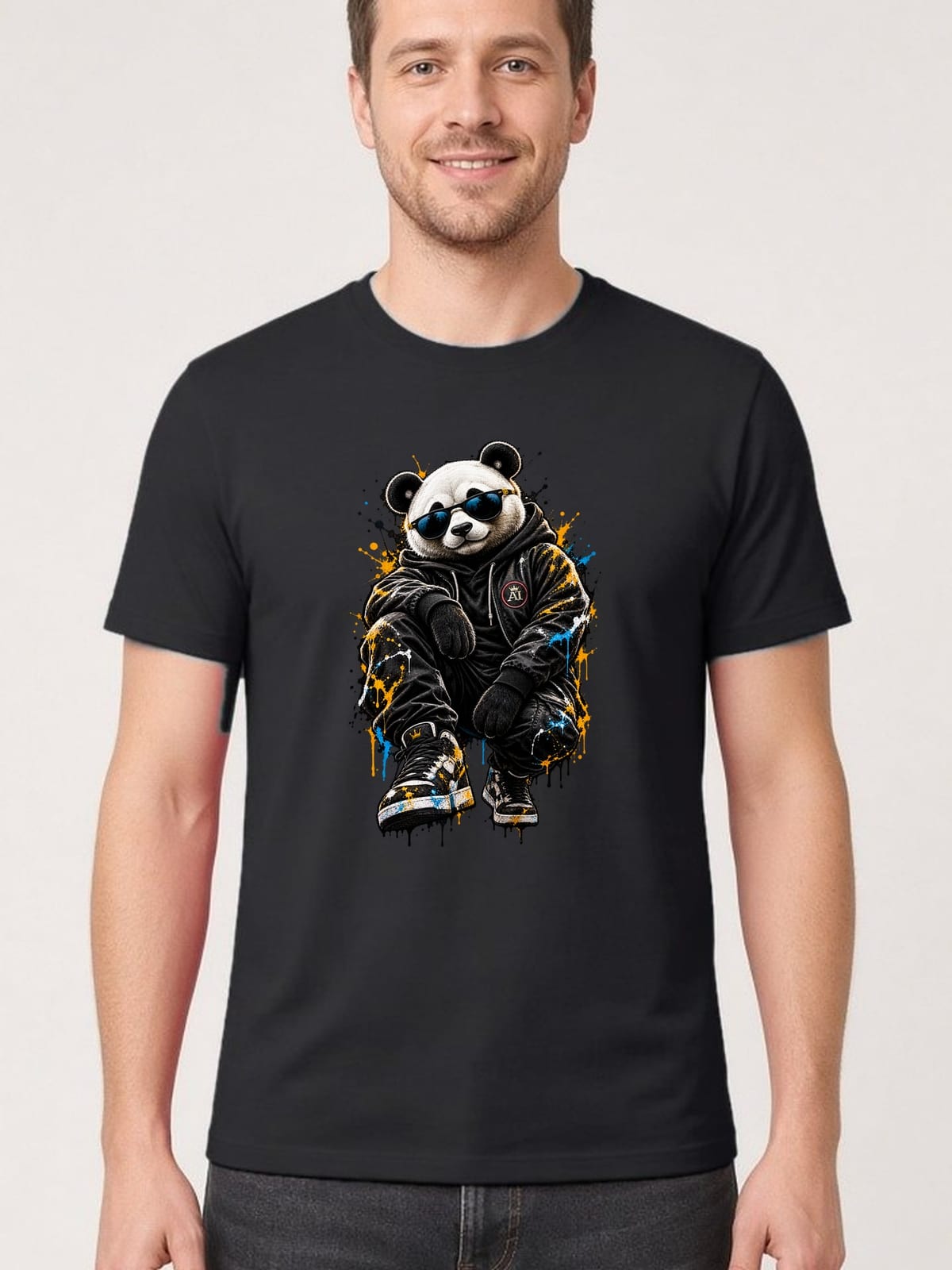 Koszulka męska czarna z pandą w okularach streetwear śmieszna prezent
