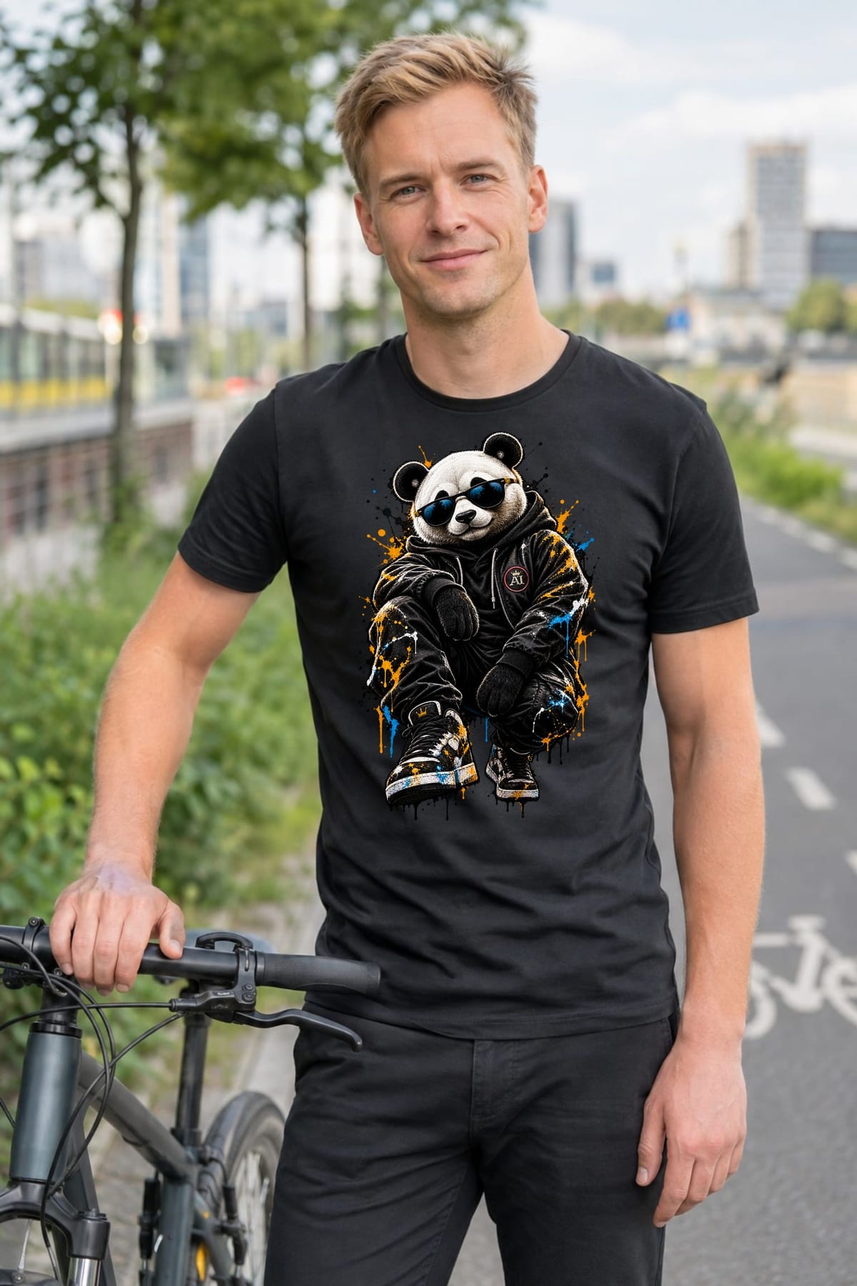Koszulka męska czarna z pandą w okularach streetwear śmieszna prezent, zdjęcie 3