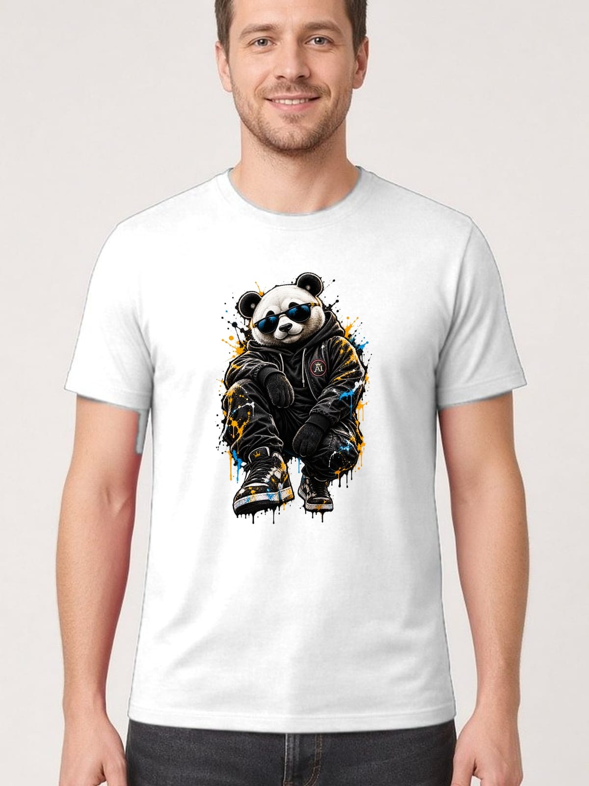 Koszulka męska biała z pandą w okularach streetwear śmieszna prezent