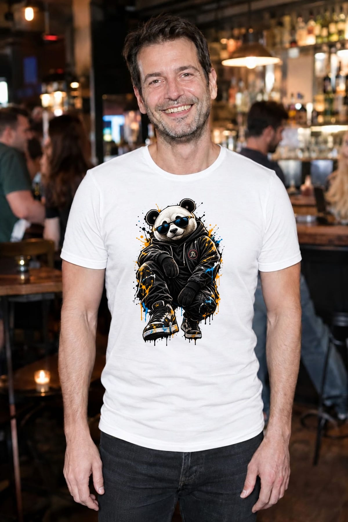 Koszulka męska biała z pandą w okularach streetwear śmieszna prezent, zdjęcie 5